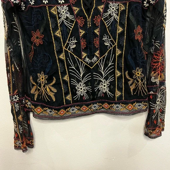 American Eagle Outfitters Black Sheer Embroidered Goth Boho Flares Blouse Sz M - Picture 4 of 7